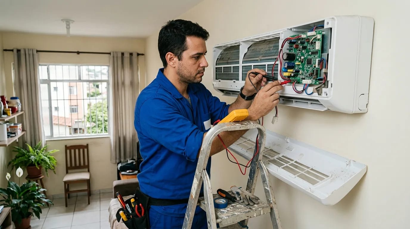 Eletricista ligando a placa do ar-condicionado split em Suzano‑SP